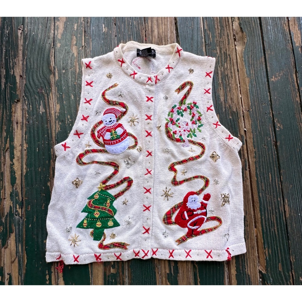 All Points Reference Point Christmas Sweater Vest Ivory Santa Snowman Large